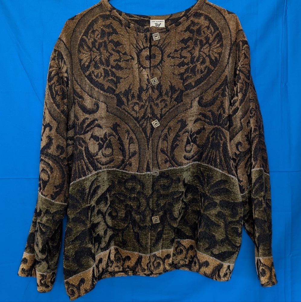 Anne Maurice Soft Tapestry Style Vintage Knit Cardigan Jacket Large Brown Black